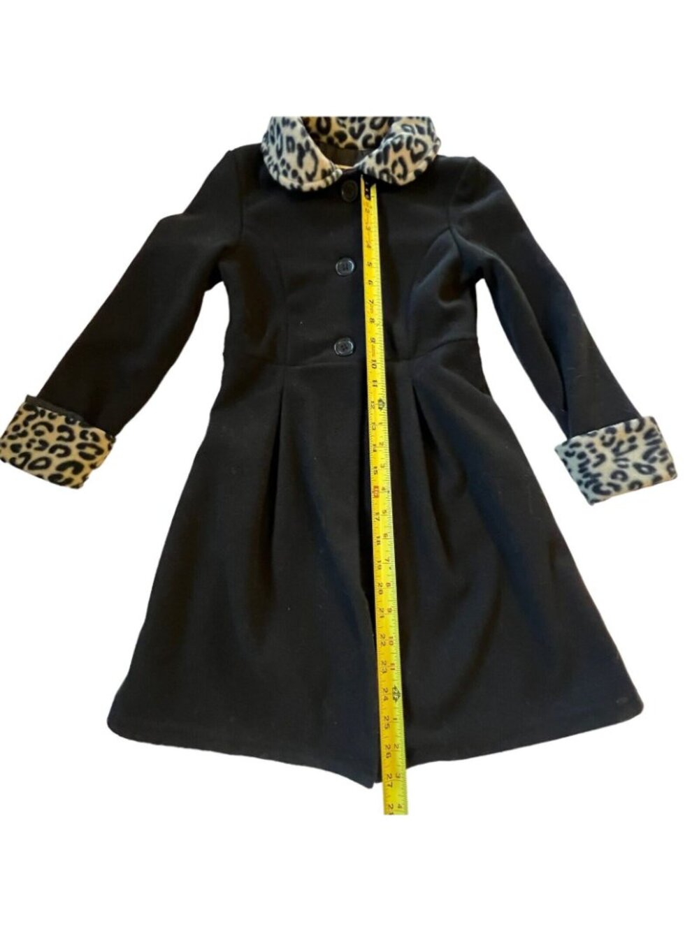 Vtg Copper Key Black Coat Faux Fur Leopard Trim Collar Cuffs Girls 7/8 Pockets - Picture 8 of 13